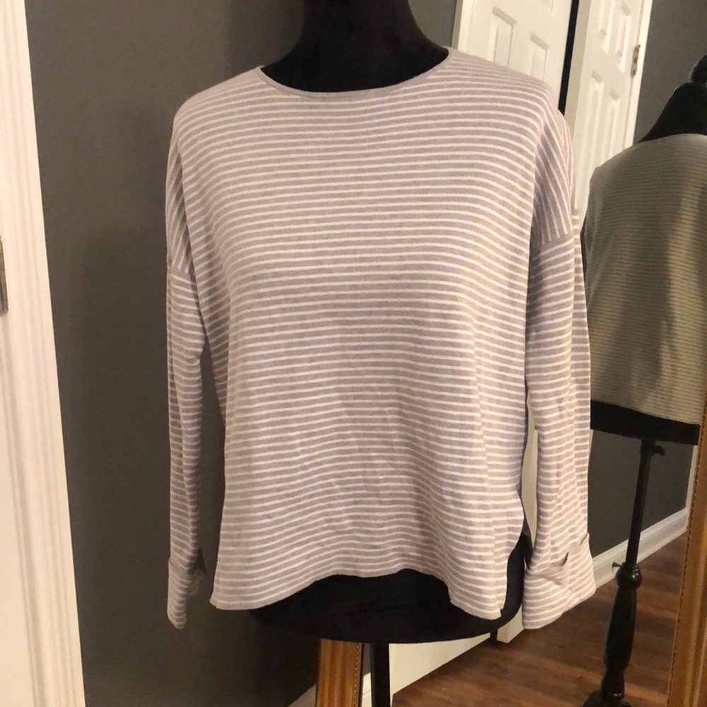 Eileen Fisher l Gray & White Stripe Cuffed Sleeve Organic Cotton Silk Top